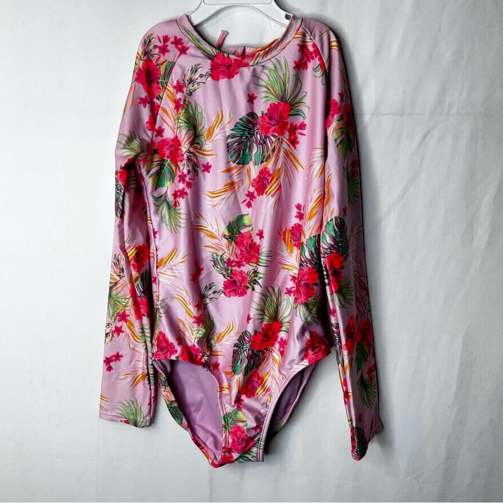 Art Class Pink Floral Girl’s Onepiece Swimsuit Rashguard Long Sleeve Size 10-12